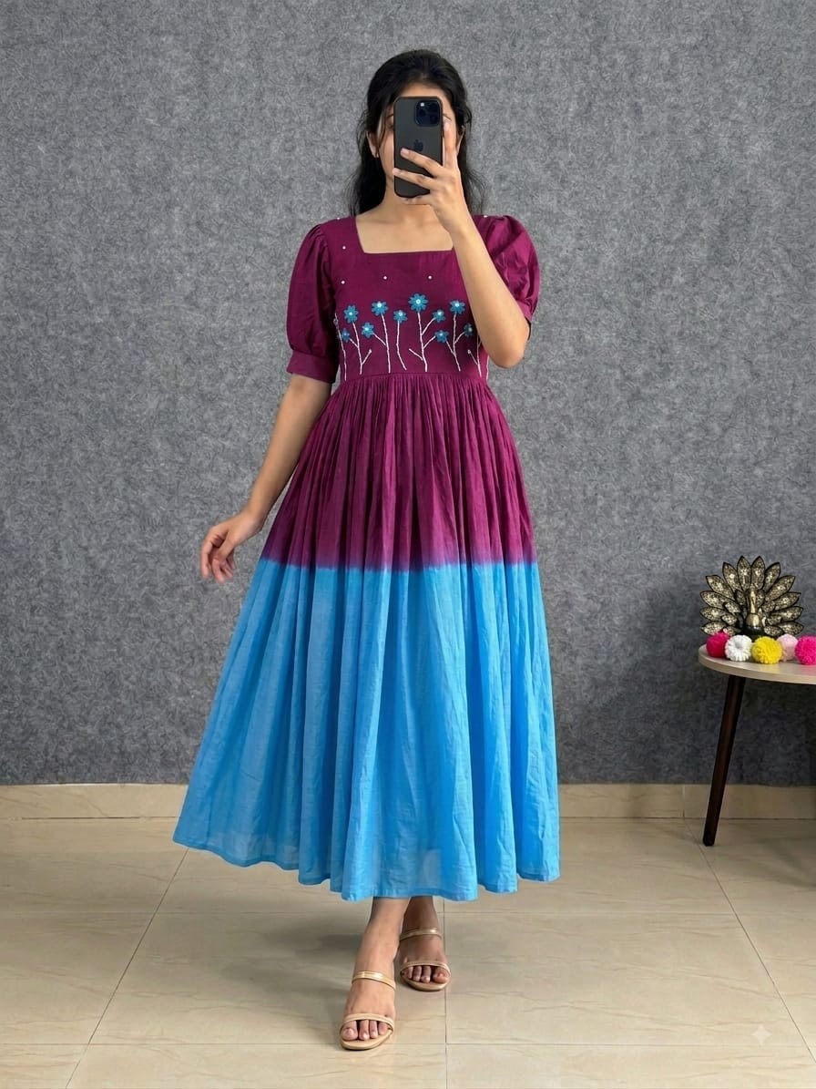 Soft Mul Cotton Ombre Gown with Pearl & Thread Handwork